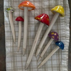 Six colorful ceramic mushrooms